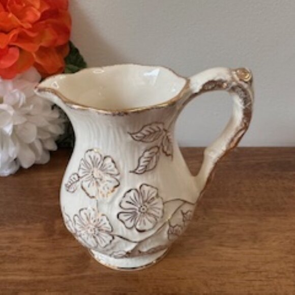 Vintage James Kent Ceramic Floral Pitcher Vase English Cottagecore Jug Gold - Picture 2 of 10